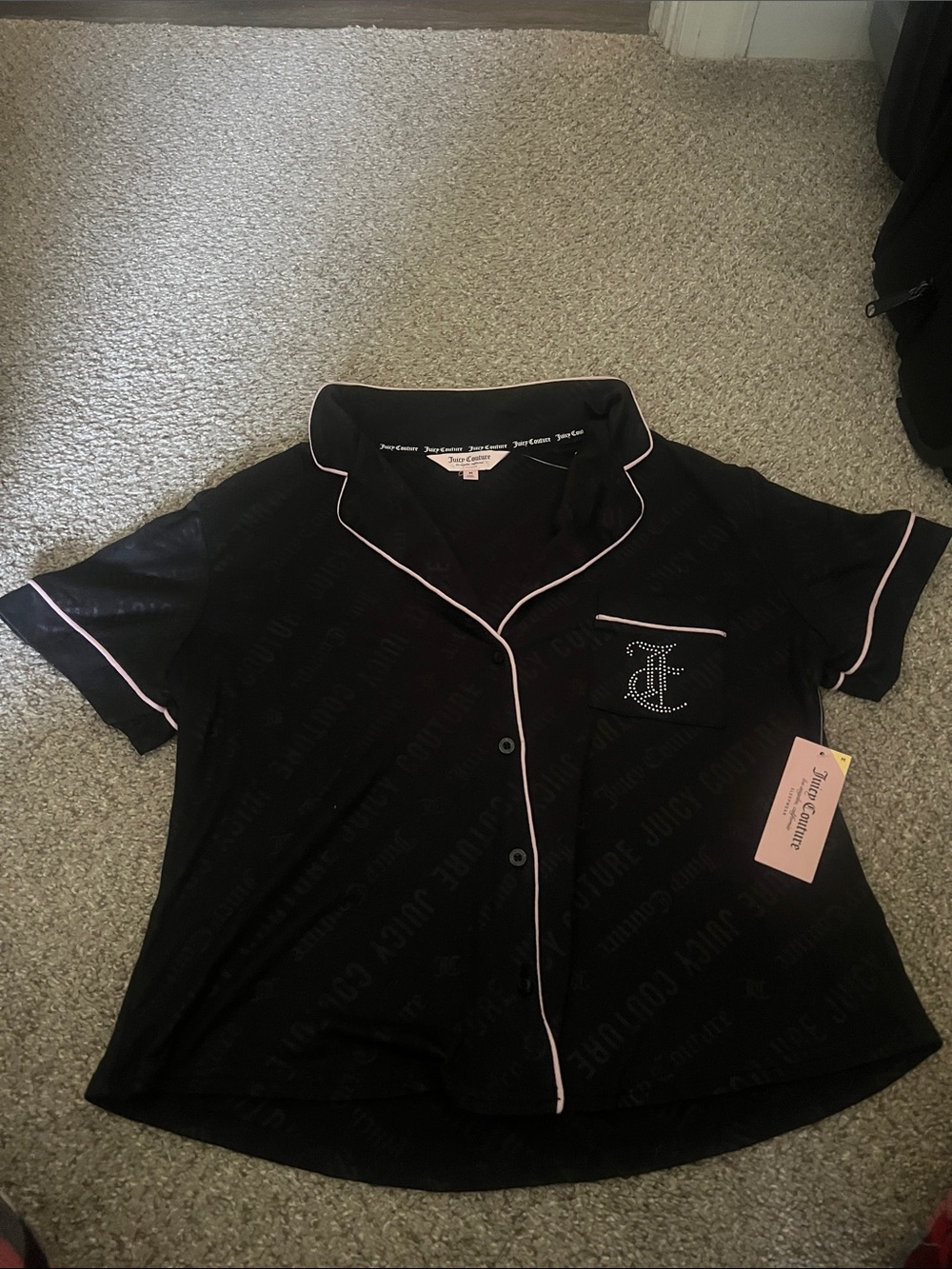 Juicy Couture Black Short Sleeve Button-Down Top with Pink Piping
